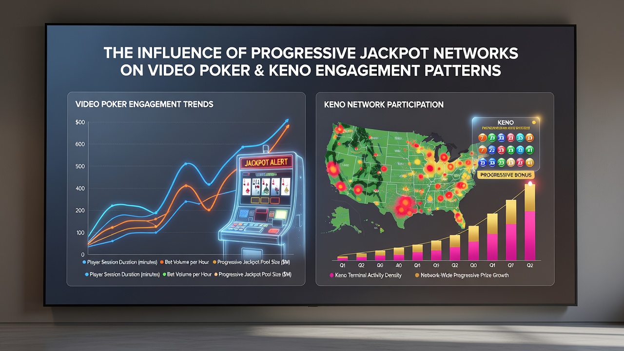 Charts and graphs showing player engagement metrics for video poker and keno under progressive jackpot systems